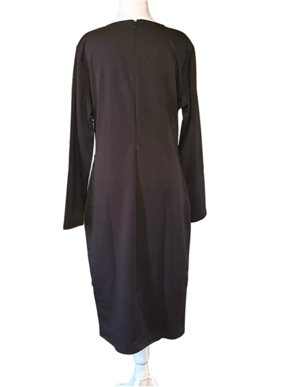 Black Asymmetrical Wrap Midi Dress Gold Hardware Long Sleeve L - Picture 2 of 5